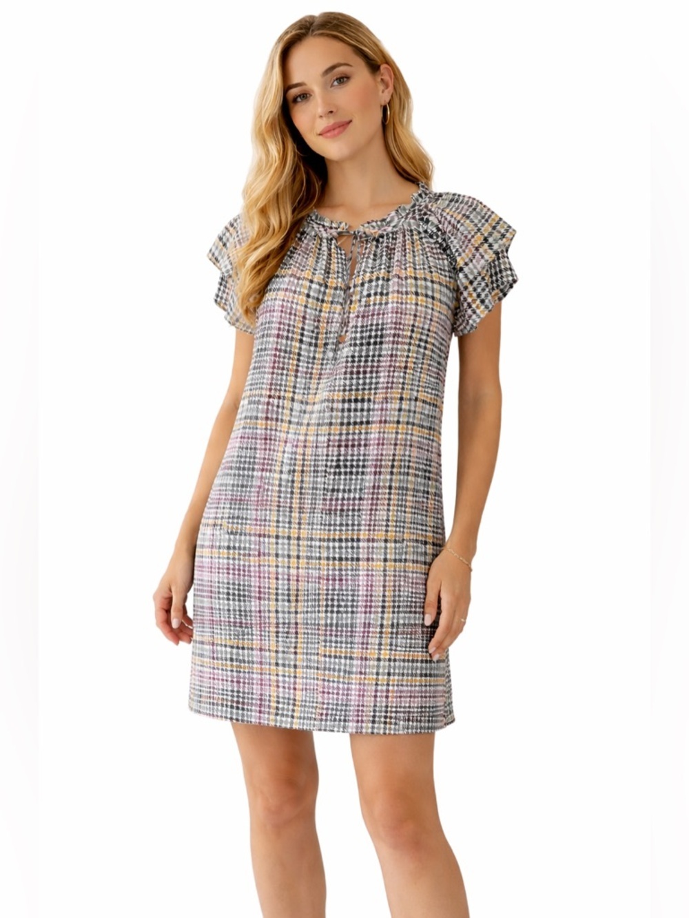 LOFT Plaid Flutter Sleeve Shift Dress Multicolor Houndstooth Print Size Small